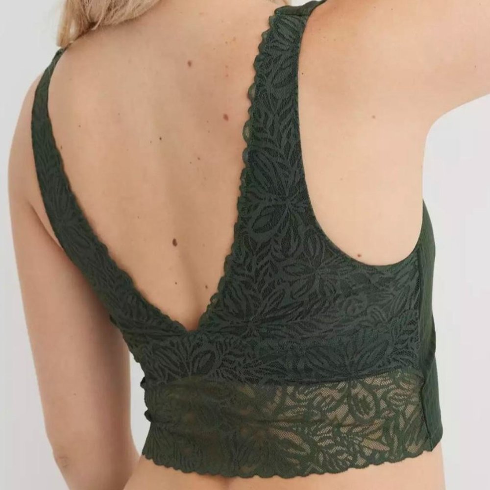 Aerie Lace Back Longline Bralette Green Ribbed Cropped Size Medium